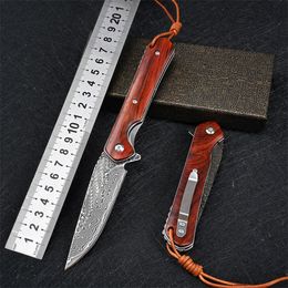 1Pcs Damascus Flipper Pocket Knife VG10 Damascus Steel Drop Point Blade Rosewood Handle EDC Folding Knives