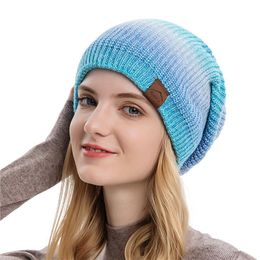 Beanie/Skull Caps Autumn Winter Ladies Knitted Hat Bomber Cap Girls Sweet Style Gradient Colour Tie-dye Round Top Ear Protection Windproof Wa