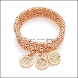 Charm Bracelets Jewellery 3Pcs Tree Of Life Rose Gold Colours Popcorn Chain Pendant Bracelet Fashion For Women Girl Party Gifts Drop Delivery 2