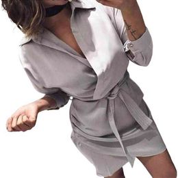 Hot Autumn Solid Color Women Long Sleeve Turn-Down Collar Belted Shirt Mini Dress Nylon/ Polyester/Spandex Casual Women's Dress L220705
