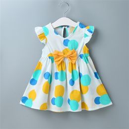 Summer Girls Dress Cute Pure Cotton Bow O-Neck Sleeveless Wave Point Casual A-line Vestidos 210629