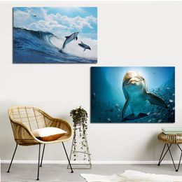 Cartoon Dolphin Animal Canvas Painting Wave Seascape Poster Print Nordic Scandinavian Art Wall Picture For Nursery Kid Room