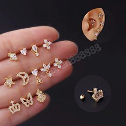 Moon Star Piercing Stud Earring For Women Stainless Steel Mini Zircon Cartilage Ear Earrings Girls Tragus Piercing Jewelry