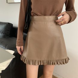 High Waist PU Small Leather Skirt with Wooden Ears Female Autumn Korean Version A-line Package Hip Skirt 210301