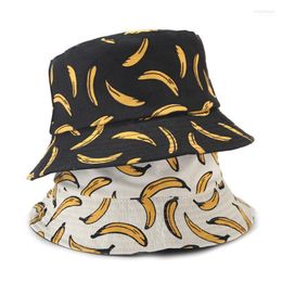 Lovely Banana Printed Fisherman Hat Women Sunshade Chic Flat Top Bucket Hats Outdoor Sunscreen Female Double Face Basin Cap Wide Brim Elob22