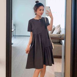 Summer Irregular Large Yards Pregnant Women Knitted Dress Short Sleeve Oneck Maternity Pleated Dress Casual Woman Clothing J220628