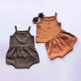 2pcs Summer Baby Clothes Sets Sleeveless Top and Bottom Suits for Toddler Boys Girls Solid Cotton Suit for Newborn Baby Girl G220509