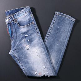 Men's Jeans Streetwear Fashion Men Retro Light Blue Elastic Slim Fit Ripped Painted Designer Hip Hop Denim Pants HombreMen's