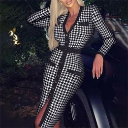 Spring Autumn Bodycon V-Neck Women Fashion Dress Sexy Single Breasted Vintage Dress Elegant Long Sleeve Houndstooth Party Dress 220317
