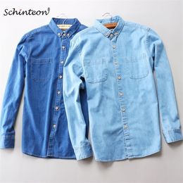 Two Front Pockets Spring Autumn Men Denim Shirt Long Sleeve Soft 100% Cotton Slim Jeans Cowboy Slim Shirt 4XL