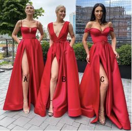 High Bridesmaid Red Split Dresses 2022 Plus Size Halter Straps V Neck Satin Floor Length Custom Made Maid of Honor Gown Beach Wedding Party Guest Wear Vestidos estidos