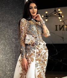 Arabic White Mermaid Prom Dresses Luxury Beading Sequined with Overskirts Evening Dress