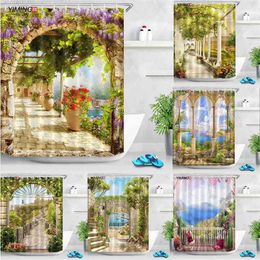 Flowers arch bridge landscape shower curtain home decoration curtain mildew waterproof belt hook shower curtain 200x180cm 210402