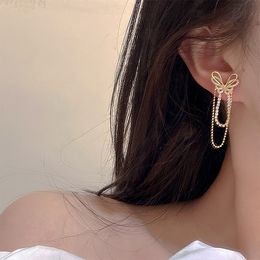 Dangle & Chandelier Micro Pave Zirconia Gold Color Butterfly Tassel Earrings Women Statement Long Drop Earrings