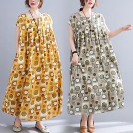 Plus Size Dresses BIG Summer Women Fashion Elegant Dots Print Tops Ladies Female Large Long Swing Casual Ruffles Cotton Linen Dress