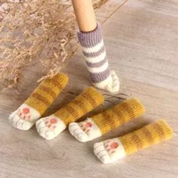 4Pcs/set Cat Paw Table Foot socks Chair Leg Covers Floor Protectors Non-Slip Knitting Socks For Furniture Cartoon Home Decor