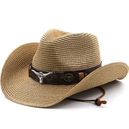 Natural Paper Western Cowboy Hat Colid Colour Wide Brim Women Men Summer Beach Straw Hats Panama Cowgirl Jazz Sun Caps