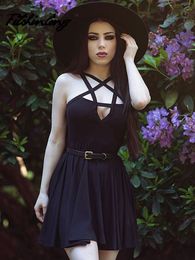 Fitshinling Pentagram Strap Gothic Dress Women Punk Grunge Sexy A-Line Dark Summer Dresses Pleated Slim Street Style