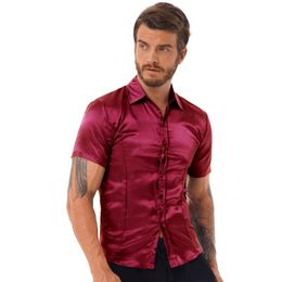 Men's Casual Shirts Mens Satin Shirt Short Sleeve Tops Luxury Glossy Silky Male ClothingLapel Button Down Solid Color Office T-Shirt TopsMen