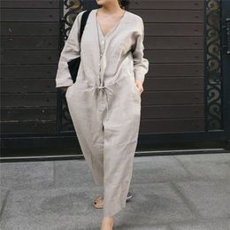 LANMREM Solid Colour Double V neck Drawstring Waist Cotton Linen Plus Woman Jumpsuit Personality Fashion 2020 Spring New TV153 T200701