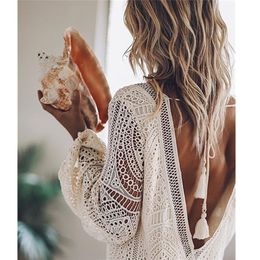 Women Sexy Boho Hollow Out Backless Deep V Neck White Beach Dress Long Sleeve Lace Up Tassel Loose Holiday Casual Mini 220613