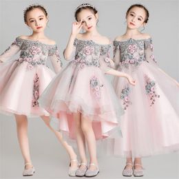 Girl's Dresses Children Girls Elegant Embroidery Flowers Shoulderless Birthday Wedding Party Tail Dress Kids Teens Host Piano Costumes