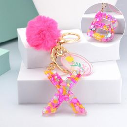 Keychains Pink Pompom Letter Keychain English Alphabet Keyring Ball Glitter Gradient Resin Car Key Chains Rings Cute Charms Handbag Emel22