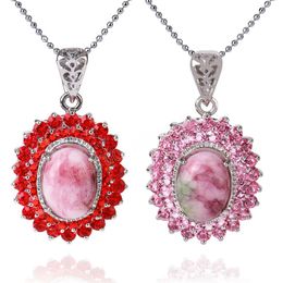 Pink Crystal Pendant Necklaces Bead Natural Stone Zircon CZ Stone with Silver Color Chain Jewelry for Women