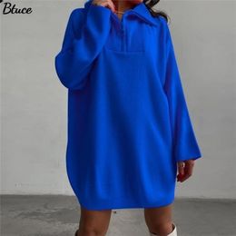 Women Zipper Polo Neck Sweaters Dress Casual Long Sleeve Oversized Pullovers Female Stitching Stripes Knitted Jumper Dress 220316
