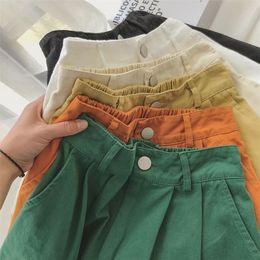 Women's Summer Shorts Korean Style Candy Solid Colour Cotton Casual Wide Leg Bermuda Button Fly High Waist Women 220427