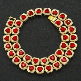 Hip Hop Diamant Pfirsich Herz Liebe roter Diamant kubanische Kette Halskette Mode Marke Persönlichkeit Mode Paar Schlüsselbein Kette Halskette