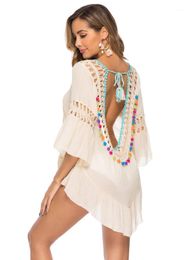 Women's Blouses & Shirts H80&S90 2022 Sexy Crochet Beach Cover Up Backless Blouse Summer Shirt Ruffle Ball Swimwear Tank Tops