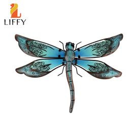 Metal Dragonfly with Glass Wall Artwork for Garden Decoration Animal Outdoor Statues and Sculptures of Yard 220721