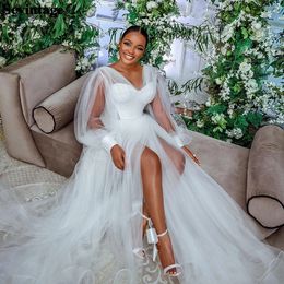 2022 Beach Bohemia Side Split Wedding Dress Sexy V Neck Illusion Long Sleeves See Through Tulle Bridal Dress African Vestido de Novia