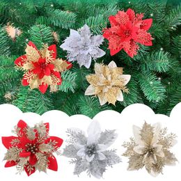 Christmas Decorations 5/10pcs Artificial Flowers Tree Ornaments Glitter Fake Merry Decoration Xmas YearChristmas
