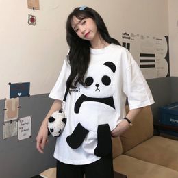 Japanese Style Round Neck Short Sleeve T Shirts Women Summer Cotton Hairy Kawaii Panda Embroidery Tops Harajuku Tshirt Tee 220721
