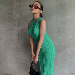 Summer Solid Colour Knitted Sleeveless Round Neck Dress Women Outfits Streetwear Clubwear Casual Urban Bodycon Tank Dresses 220521