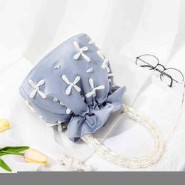 2022 Korean Chic Handmade Satin blue beaded evening bag with Pearl Handle and Beaded Bucket Design - Top Color Black Hobo Purse for Women