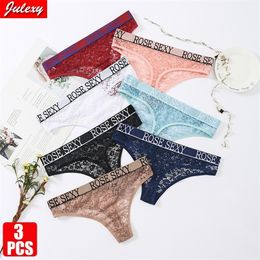 3pcs Julexy Sexy Hollow Out women panties Lace letters thong woman S M L XL XXL plus size panties cotton underwear 220422