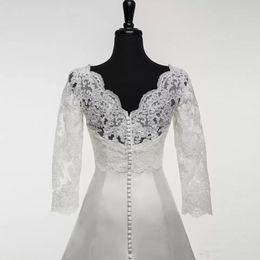 Wedding Jacket with Sleeves 2022 Boat Neck Appliqued Lace Bridal Jacket Bolero 3/4 Sleeves Buttons Back Custom Made