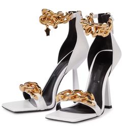 2022 Elegant Golden Chain-link Straps Leather Sandals Shoes Zipped heel Pumps Luxurious Brand Women's High Heels EU35-42.BOX