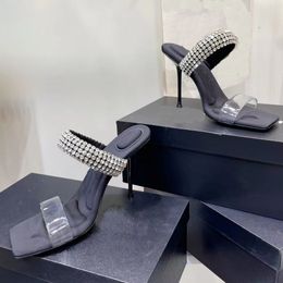 Slippers Designer Stiletto Heel Sandals Luxury Diamond Crystal Slipper Square Toe Patent Leather slides Ladies Three heel heights