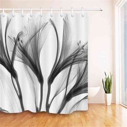 Abstract Black Xray Blossom Transparent Flower Nature White Shower Curtain Art Waterproof Bathroom Fabric for Bathtub Decor 210402