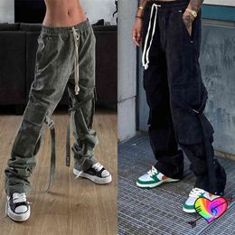 Black Green Askyurself Pants Men Women High Quality Multi Pockets Askyurself Cargo Pants Long Drawstring Button Sweatpants T220803