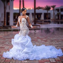 Luxury Mermaid Wedding Gowns Ruffles With Tiered Train Flouncing Custom Made Long Sleeves Lace up Back Bridal Dress Plus Size