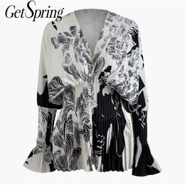 GetSpring Women Blouse Elegant Printed Women Shirts Pleated Long Sleeve V Neck White Shirt Ladies Tops Fashion Printed Blouses 201201