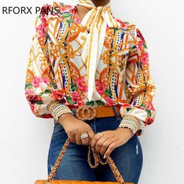 Shirts Fashion Casual Style Scarf Neck Baroque Print Top Womens Tops and Blouses Asian Size S-XL dfashion98