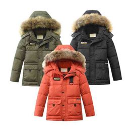 Children's Cotton Jacket Boys' Mid-length Fur Collar Thickened Winter Kids Clothing Hooded Coats Solid Windproof Warm Outerwear J220718