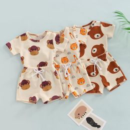 Clothing Sets Toddler Baby Girl Boy Shorts Suit Summer Cartoon Animal Print Ribbed Cotton Short Sleeve Tops Elastic Waist Clothes Set