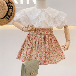 Spring Summer Girls Clothing Sets Lace Lapel Tops Floral Short Skirt 2Pcs Suit Princess Toddler Baby Kids Children Clothes 220620